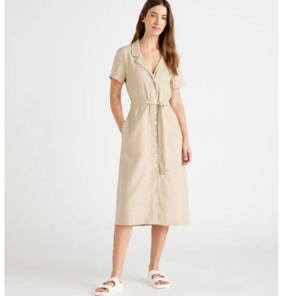 Quince European Linen Button Front Beige Short Sleeve Midi Shirt Dress Size L - Picture 1 of 10